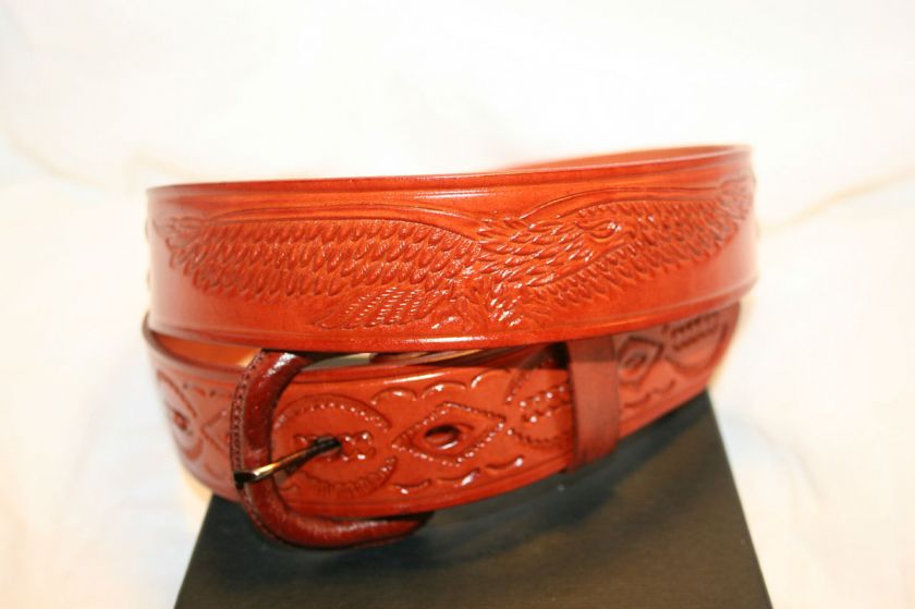 Western Tooled Genuine Leather Mens Belt Caramel Colored Braided 