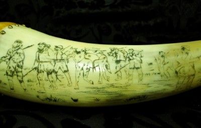 HAND CARVED POWDER HORN SIGNED BY D. TWYMAN & DATED 1976  