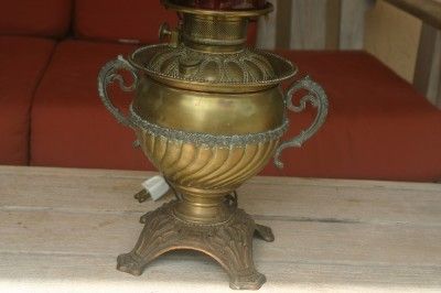 Antique Miller Oil Lamp Cranberry Shade Converted  