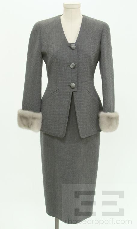 Margon 2 Piece Grey Ribbed Mink Cuff Jacket And Skirt Suit Size 40 