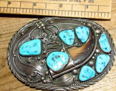 BIG OLD PAWN NATIVE WESTERN STERLING SILVER TURQUOISE CLAW BELT BUCKLE 