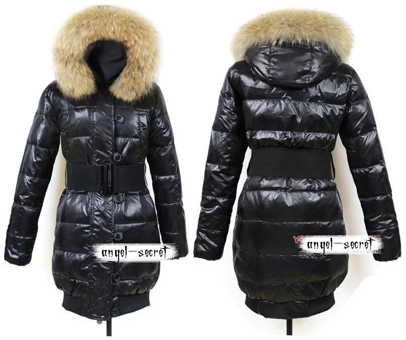 FJ72 WOMEN LONG COAT RACCOON HAIR COLLAR DUCK DOWN FILLING BLACK 