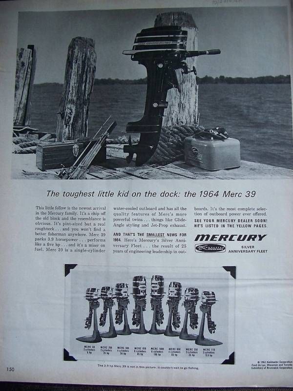 1964 MERCURY MERC 39 Outboard Boat Motor on Dock Ad  