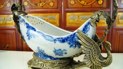 Blue & White Porcelain Table Pot Bowl Planter With Solid Brass Swan 